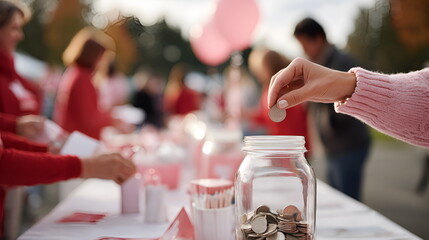 Hand placing coin into donation jar at charity event outdoors  , charity donation concept