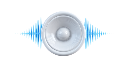 Plastic speaker icon with minimal soundwave lines, bright white style, isolated on transparent background 