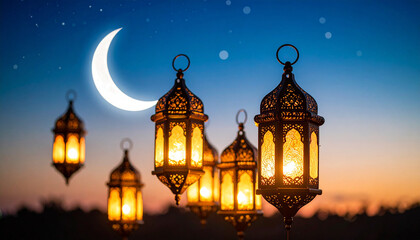 Fototapeta premium eid lanterns glowing at night with moon in background