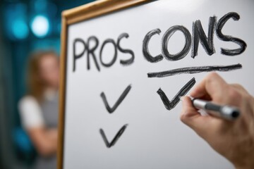 Hand marking pros/cons on whiteboard