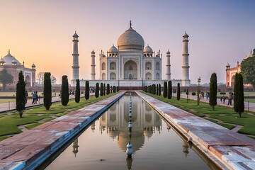 Obraz premium Majestic Taj Mahal reflecting in tranquil water garden at sunrise, India's iconic monument of love & architectural marvel, a timeless wonder