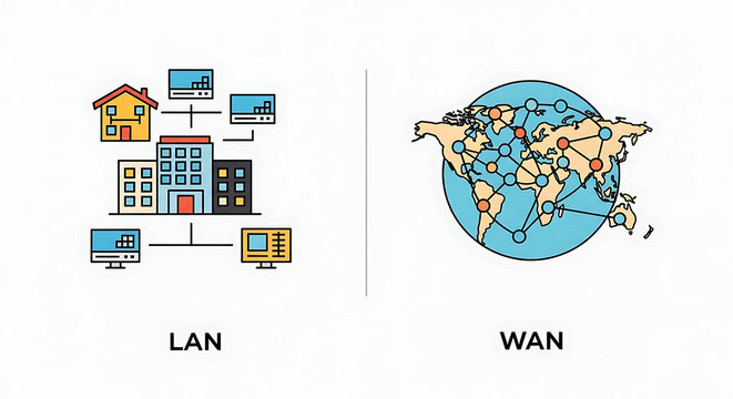Illustration showing lan network with buildings and wan network with world map connections network