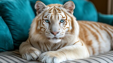 Close-up of a white tiger resting on a couch.