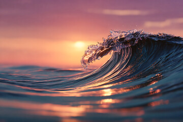 Powerful Ocean Wave Curling in Sunset Light with Droplet in Motion – Dynamic Scene for Meditation and Calm Wall Art