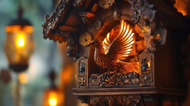 Intricate Wooden Cuckoo Clock with Illuminated Phoenix