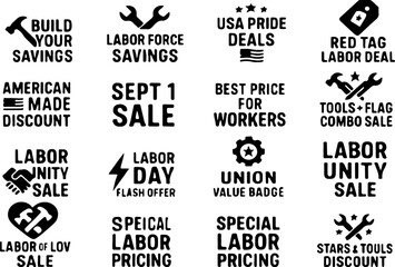 Collection of labor day sale and discount graphics with tools and patriotic themes