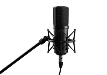A sleek, modern black condenser microphone with a fine mesh grille and shock mount, mounted on a matching stand, isolated against a pristine, seamless clean white studio background with strong
