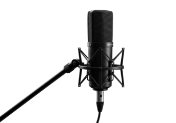 A sleek, modern black condenser microphone with a fine mesh grille and shock mount, mounted on a matching stand, isolated against a pristine, seamless clean white studio background with strong