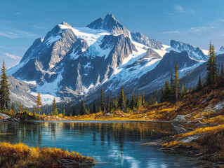 Majestic snow-capped mountain reflecting in a serene alpine lake with evergreen trees and colorful fall foliage