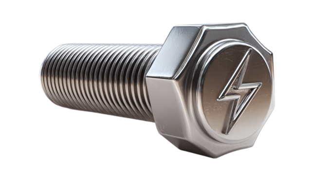 Realistic metallic bolt icon with threading detail, stylized for hardware use, isolated on transparent background 