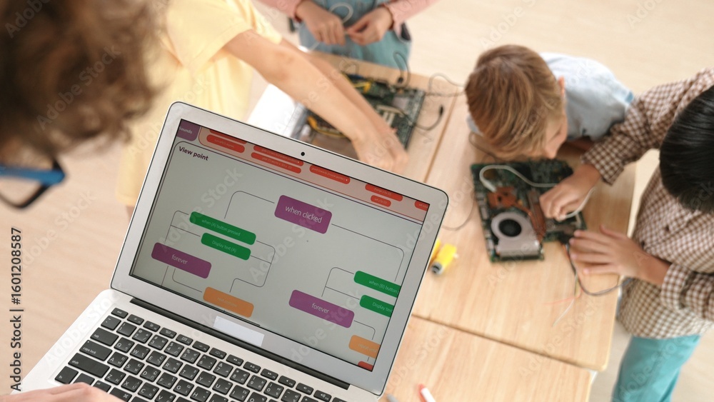 Poster top view of smart caucasian teacher coding engineering prompt and generated ai while diverse childre