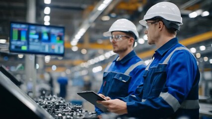 Factory workers ensure quality of cast metal parts under bright lighting, with digital screens showing real-time metrics.