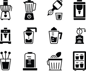 Collection of kitchen appliance icons for healthy drinks and food preparation