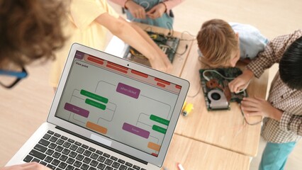 Top view of smart caucasian teacher coding engineering prompt and generated AI while diverse...