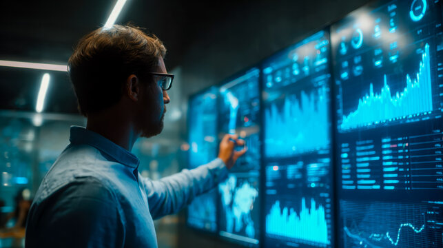 Data analyst monitoring real-time financial market charts on digital screens - Powered by Adobe