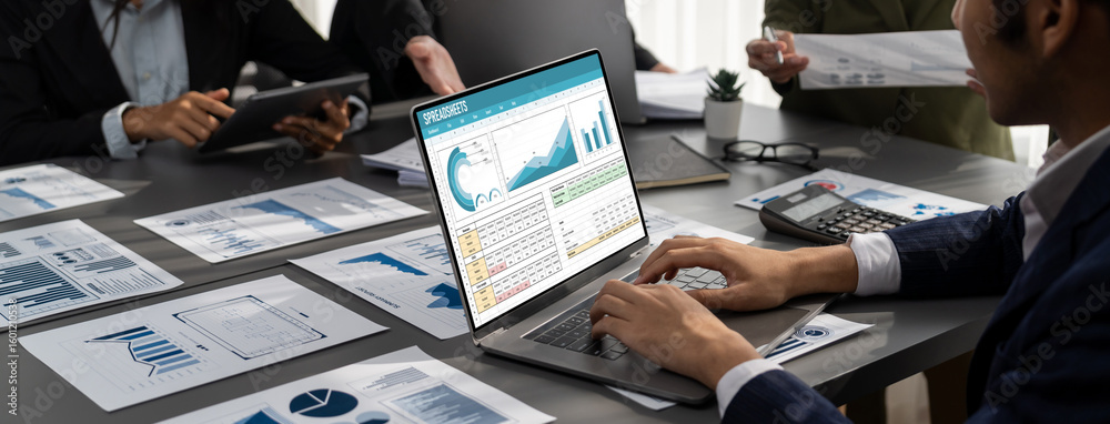 Poster spreadsheet document information financial startup concept. data and graphs in spreadsheet documents