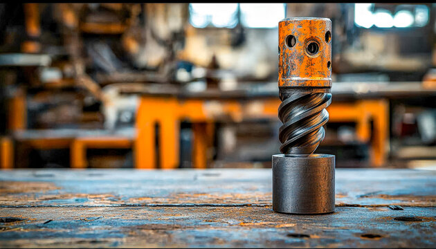 Close-up of a woodworking drill bit with a worn attachment in a workshop setting