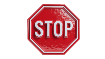 Red octagonal STOP sign with white text and beveled plastic style, bold cartoon 3D icon isolated on transparent background 