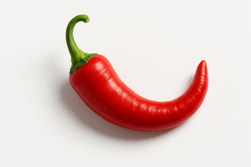 Fresh Red Chili Pepper with Green Stem and Curved Shape – Spicy Ingredient Isolated on White Background