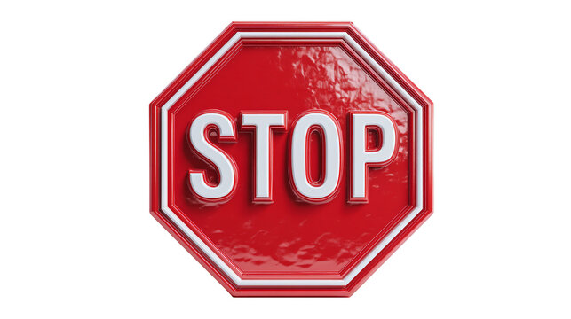Red octagonal STOP sign with white text and beveled plastic style, bold cartoon 3D icon isolated on transparent background 