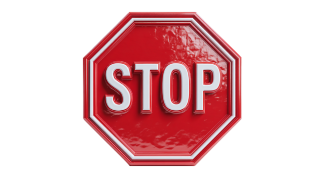 Red octagonal STOP sign with white text and beveled plastic style, bold cartoon 3D icon isolated on transparent background 