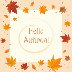 Vector autumn leaves frame background with acorns and copy space. Colorful fall foliage border in flat style. Seasonal nature template for banner, greeting card, invitation, or web design.

