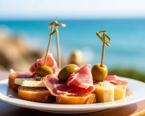 Ham and olives on a plate 