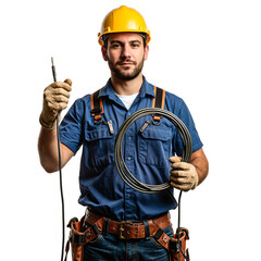 A focused electrician in uniform holding a coiled wire ready for work Isolated on a clean white background for versatile use