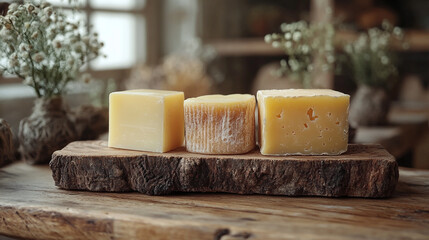 Here's a beautiful handmade soap bar, fresh and creamy like a slice of gourmet cheese on a wooden board