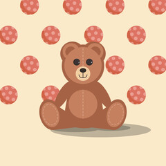 Cute Teddy Bear Toy: Children's Playtime Plushie. This graphic features a sitting brown teddy bear with a friendly face, set against a whimsical polka dot background © Karolina