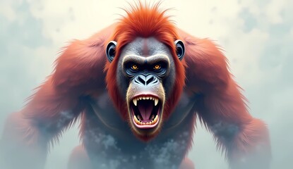 Digital painting of an angry red orangutan with a gardening background. AI generated