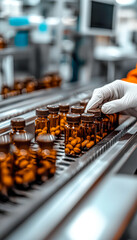 Pharmaceutical manufacturing process with orange capsules in a laboratory setting