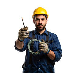 A focused electrician in uniform holding a coiled wire ready for work Isolated on a clean white background for versatile use
