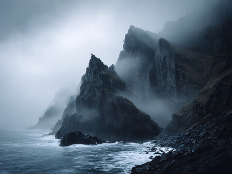 Dramatic jagged cliffs emerging from misty ocean fog