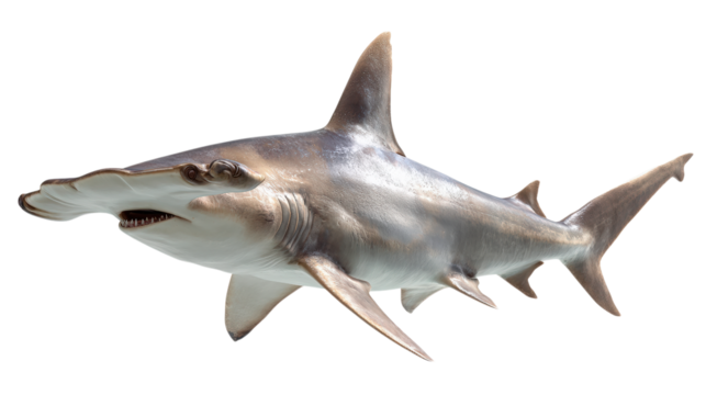 Hammerhead Shark Swimming Underwater with Detailed Skin Texture and Open Mouth Showing Teeth