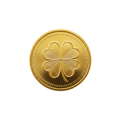 Perfectly circular, highly polished golden coin with metallic sheen and intricate four-leaf clover in raised relief on a pristine seamless transparent high-key background with uniform lighting,