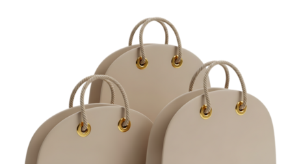 Three cream colored tote bags with rope handles and gold grommets isolated on a transparent background