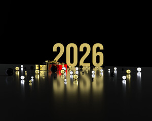 A 3D illustration of "2026" in gold text on a dark background with glowing lights and gift boxes, symbolizing New Year celebrations. 