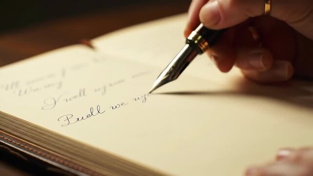 Elegant handwriting in progress: closeup of fountain pen writing on open journal pages