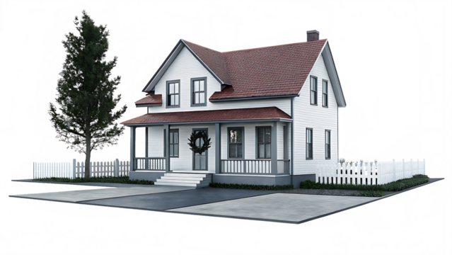White house with red roof and green tree isolated on a transparent background gray trim