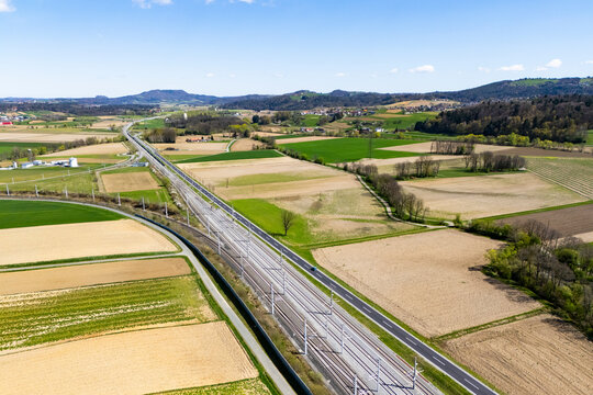 Railway track of the new Koralmbahn train connection between Graz and Klagenfurt