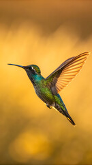 Fototapeta premium Hummingbird in Flight with Golden Background – Vivid Plumage and Serene Motion