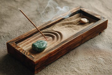Zen incense with smoke and jade stone in sand tray on textured background