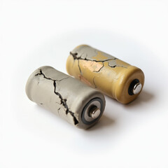 Two corroded yellow batteries with exposed ends laying on neutral background with heavy texture detail