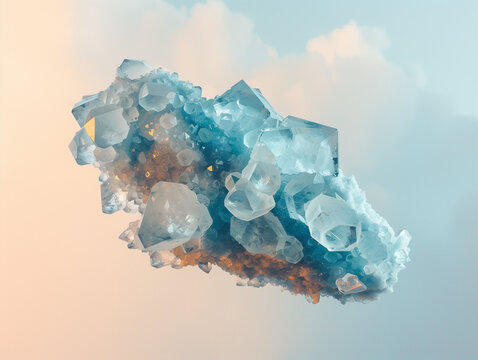 celestite cluster floating midair, light blue glow