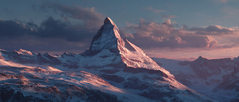 Sunrise over Matterhorn mountain in cinematic animation, snowy peak in dramatic light, camera orbits with long shadows on terrain 