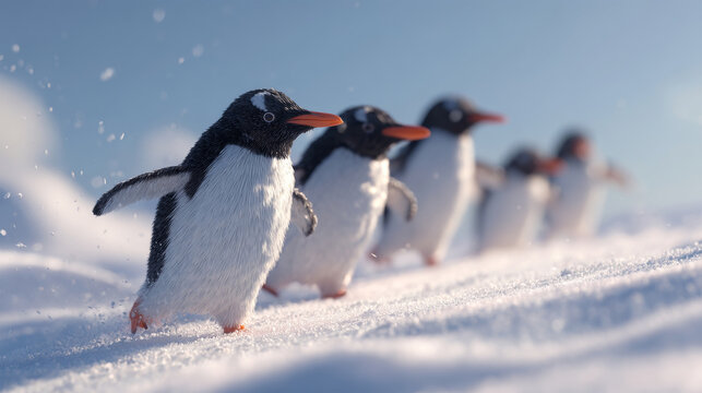 A group of penguins playfully gliding through the soft snow