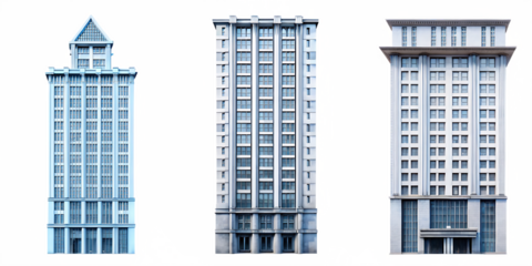 Tall office buildings with geometric patterns isolated on a transparent background