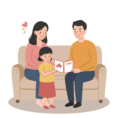 Obraz premium A Moment of Giving: a little girl offers a lovingly handmade greeting card to her happy parents sitting in the comfort of their home, capturing a moment of simple happiness.