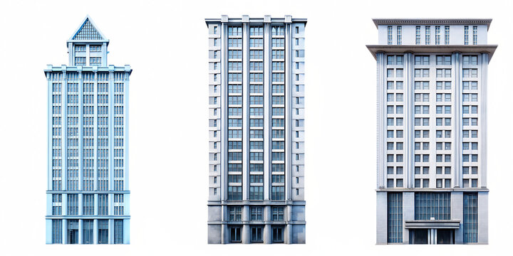 Tall office buildings with geometric patterns isolated on a transparent background